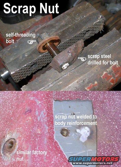 scrapnut.jpg Scrap Nut

Many stock bolts are designed to self-thread into unthreaded blocks of steel, which are cheaper for the factory to produce & install for optional equipment than threaded nuts would be.  So for body modifications, it's convenient to weld on a scrap of steel that's simply drilled the correct size, and run an original bolt through.

For chairs, consider the long-term effects of a 200-lb human rocking around in the 40-lb chair on this ~20-ga sheet metal.

[url=https://www.supermotors.net/registry/2742/54308-2][img]https://www.supermotors.net/getfile/470222/thumbnail/tsb900612floorreinf4.jpg[/img][/url]