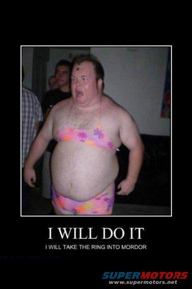 Man wearing a floral bikini, looking surprised. Text below says 'I WILL DO IT I WILL TAKE THE RING INTO MORDOR'