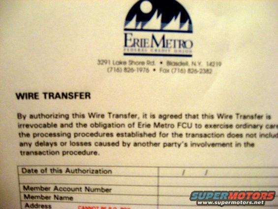 Wire transfer authorization document from Erie Metro Federal Credit Union