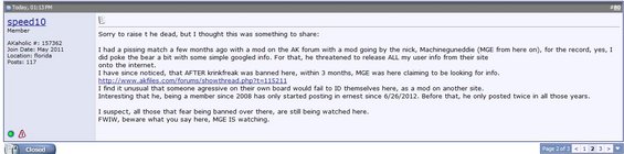 Forum post discussing user bans and online behavior