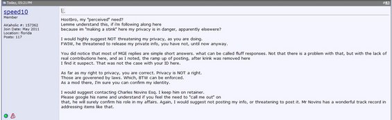 Forum post with text about privacy and legal matters