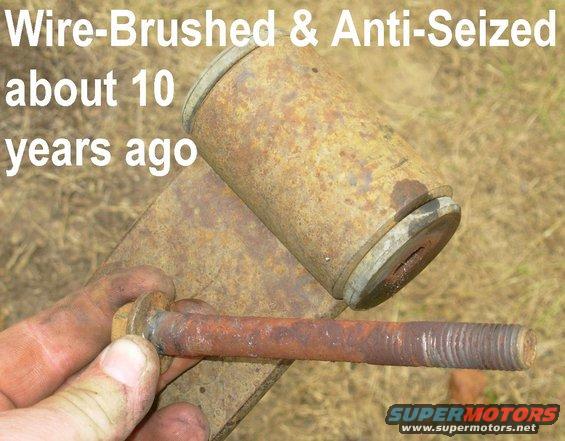 antiseizerust.jpg The nickel anti-seize I applied to this bolt during the poly bushing installation worked for what it was intended to do: it prevented the nut from galling into the threads.  But it's NOT an effective rust preventative or lubricant.
