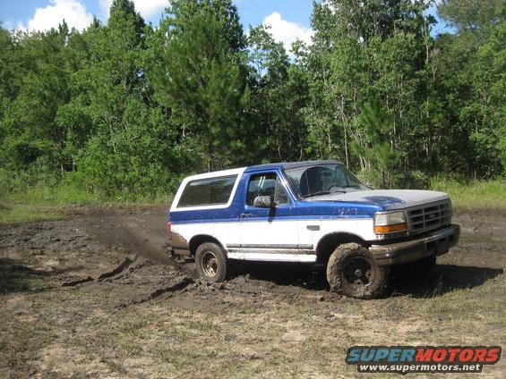 Blue and white Ford Bronco stuck in mud, front passenger wheel submerged