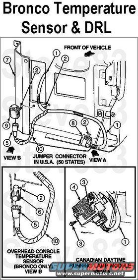 tempsnsrdrl.jpg '94-96 Bronco Overhead Console Temperature Sensor, and '92-97 F-series/Bronco DRL

[url=https://www.supermotors.net/registry/media/1142326][img]https://www.supermotors.net/getfile/1142326/thumbnail/20181009_150512.jpg[/img][/url]

1 Take-out from Wiring Assembly 12A581
2 Locator, Place in Hole Provided
3 Screw N610957-S2
4 Daytime Running Lamp Module F43Z15A272A (Canada Only) [url=https://www.amazon.com/dp/B0065XXUP8]Standard F03001[/url] Dorman 704201
5 Connector 131M (Bronco Only)
6 Ambient Temperature Sensor (Bronco Only) 15A022
7 Front End Air Seal 01610
8 Jumper Cap 14A624 (w/o DRL) for C177
9 Connector Cap 14A666 (Bronco only w/o overhead console)
10 Take-out to Ambient Temperature Sensor (Bronco Only)

The main view of the diagram is at the LHF corner of the truck withOUT the front bumper, Left headlight, grille, or grille reinforcement.

The DRL module pulses the voltage to the high-beams to dim them.  It is disabled by the e-brake pedal being anywhere OTHER than fully-released.

[url=http://www.supermotors.net/registry/media/848485][img]http://www.supermotors.net/getfile/848485/thumbnail/connohconsole.jpg[/img][/url] . [url=http://www.supermotors.net/registry/media/651946][img]http://www.supermotors.net/getfile/651946/thumbnail/ohctempsender.jpg[/img][/url] . [url=http://www.supermotors.net/registry/media/1101054][img]http://www.supermotors.net/getfile/1101054/thumbnail/brakewarn92.jpg[/img][/url]