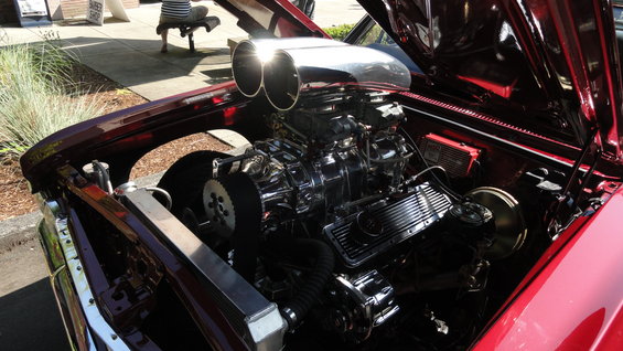 1964 Ford Fairlane engine with chrome dual carburetors and scoop