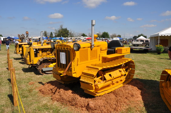 Yellow caterpillar bulldozers lined up on grass with wood chips. One has 'CATERPILLAR' on its side