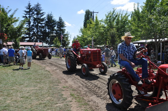 Red tractors in a parade on a dirt track, with spectators on the side