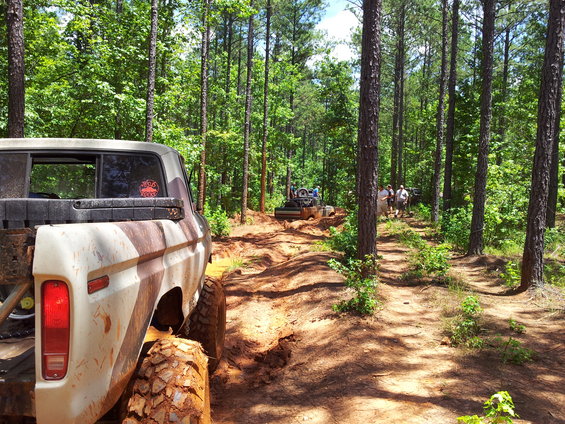 Muddy 1979 Ford F-150 rear view on forest trail with other off-road vehicles