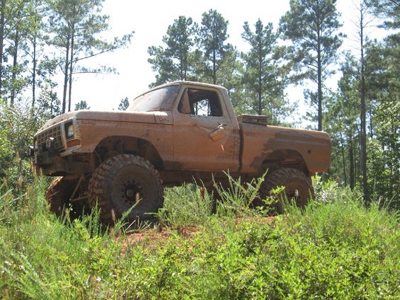 Muddy pickup truck with large tires parked in tall grass and trees