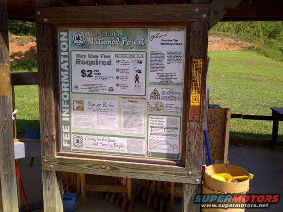 Information board at Nantahala National Forest Panther Top Shooting Range with fee and rules posted
