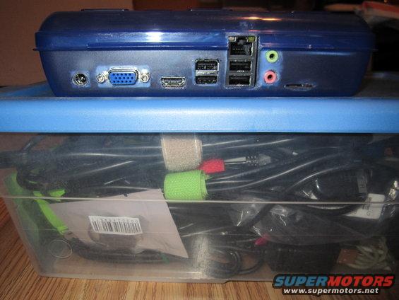 Blue electronic device with VGA, HDMI, USB, and audio ports