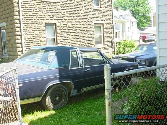 Dark blue sedan with a vinyl roof parked in a grassy yard. Another dark sedan is visible behind it