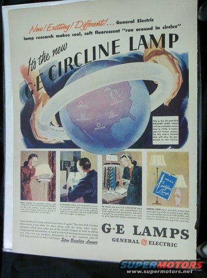 Advertisement for GE Circline lamps, showing a globe and people working with lamps