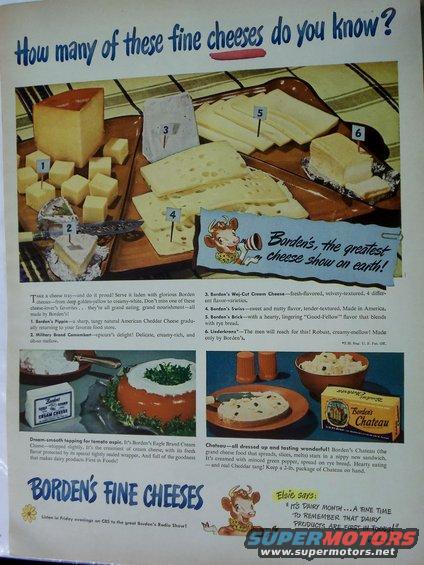 Magazine page with cheese varieties and descriptions, including Borden's cheese