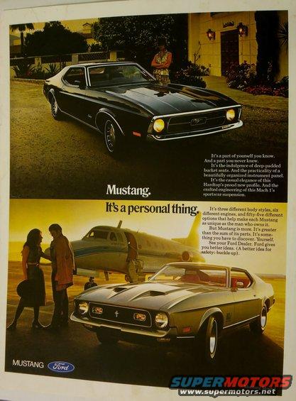 Black 1971 Mustang Mach 1 parked in driveway, and a green 1971 Mustang parked by a jet with people