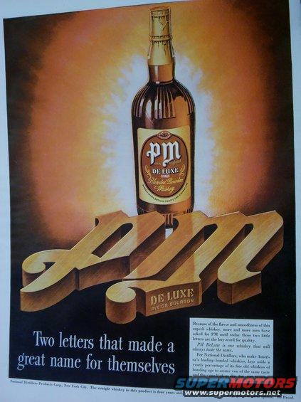 Magazine ad for PM De Luxe Blended Bourbon Whiskey with large wooden letters