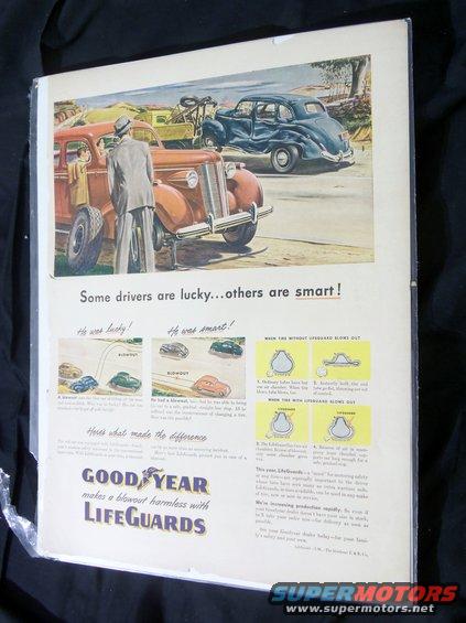 magazine ad showing a car with a flat tire and another car that had a blowout