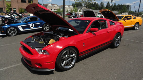 Red Ford Mustang GT500 with hood open, black racing stripes