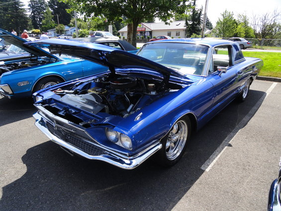 Blue 1964 Ford Thunderbird 3q-front view with hood open