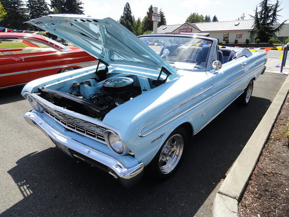 1964 Ford Fairlane convertible, light blue, hood open, 3q-front view