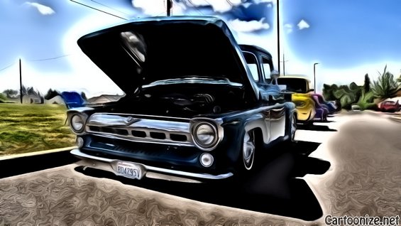 Dark blue 1955 pickup truck front 3/4 view with hood open. License plate B04295V
