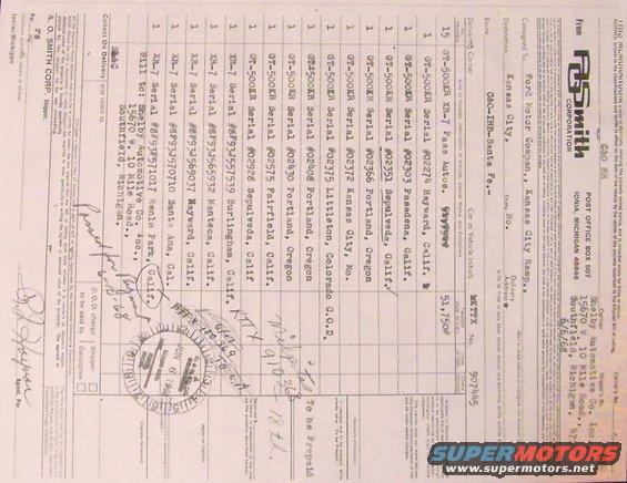 Document with vehicle serial numbers and delivery information