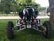 2004 Honda TRX 400 EX - A black ATV is parked on a grassy area in front of a tree and a brick sign.