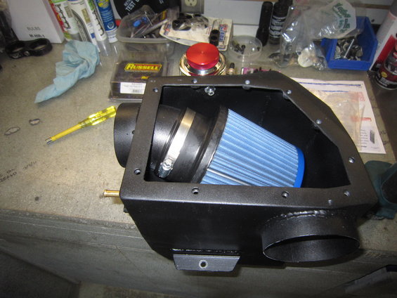 Custom air intake system with blue filter and black housing