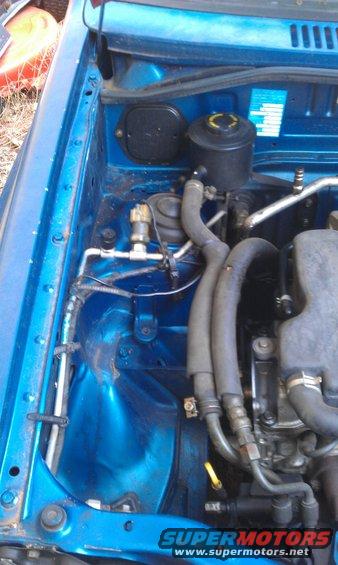 Blue engine bay with hoses, reservoir, and electrical components visible