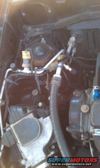 Engine bay with hoses, pipes, and a black component with a blue cap