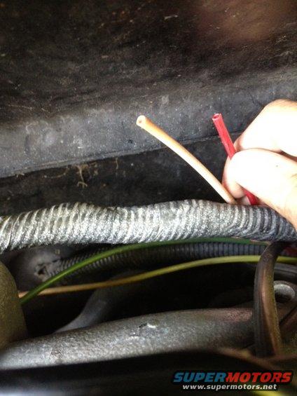 Close-up of a hand holding red and tan wires near gray conduit and engine components