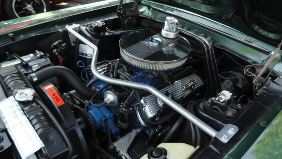 Engine bay with V8 engine, chrome air cleaner, and strut tower brace. Red sticker on fan shroud reads "CAUTION: FAN"