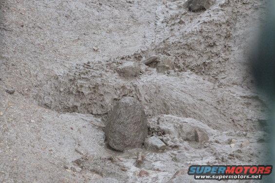 Muddy ground with rocks and tire tracks visible