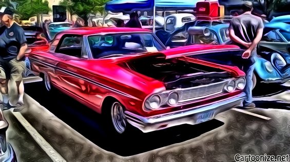 Red 1964 Ford Fairlane 3q-front view, hood open