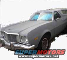 Gray 1975 Ford Ranchero, front quarter view. Grille and headlights visible