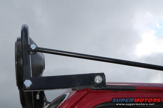 Red SUV roof with black light bar and headlight assembly