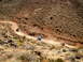 1996 Ford Bronco - Multiple ATVs traverse a dusty, winding dirt road through a barren, arid landscape.