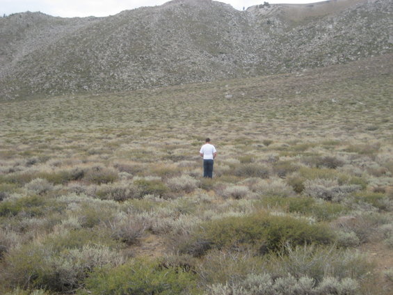 Man in a white shirt and blue jeans stands in a vast, arid landscape with low brush and a rocky hill in the background