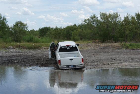 White pickup truck with open driver door stuck in muddy water, trees in background