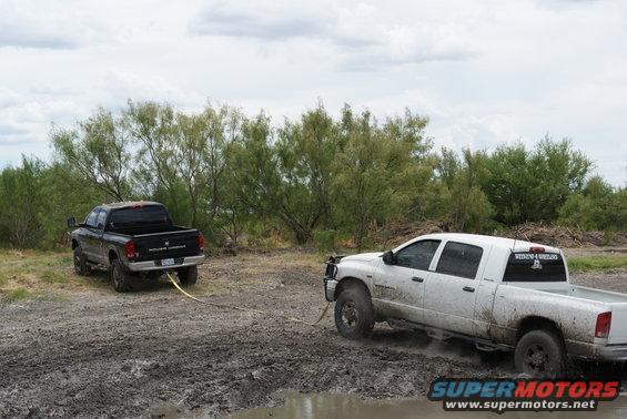 White Dodge Ram pulling a black Dodge Ram out of a muddy ditch