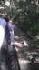 1989 Ford Bronco - A person stands next to a white vehicle on a narrow, muddy path through a dense forest.