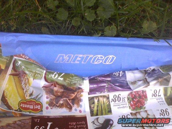 Blue material with METCO logo over torn grocery ads showing produce and meat