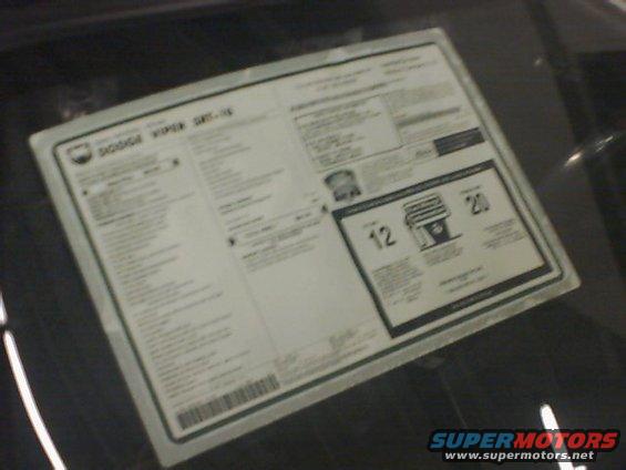 Window sticker for a 2010 Dodge Viper SRT-10. Shows MPG ratings and other vehicle info