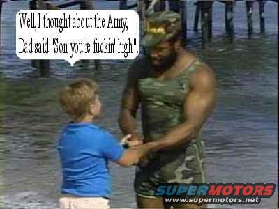Man in camouflage and a boy on a beach, with a speech bubble saying 'Well, I thought about the Army, Dad said "Son you're fuckin' high".'