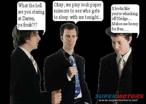 Three men in suits with speech bubbles, one has a hat