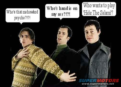 Three men with speech bubbles containing text