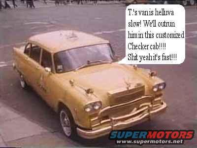 Yellow Checker taxi cab with text bubble above it