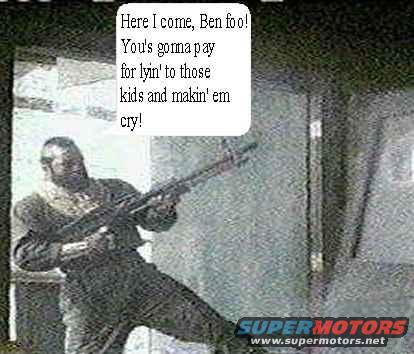 Man holding a rifle with a speech bubble above him