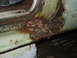 1979 Ford Bronco - A garter snake rests on a severely corroded vehicle panel.