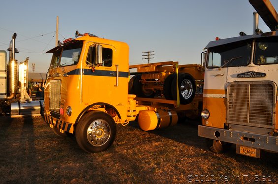 Yellow semi-truck with a yellow trailer, parked next to a white and orange semi-truck. The yellow truck has a blue stripe on its side
